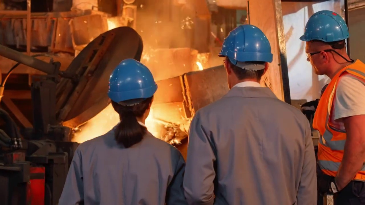 两个工程师在观察熔化的金属倒入钢包时与铸造工人交谈视频素材