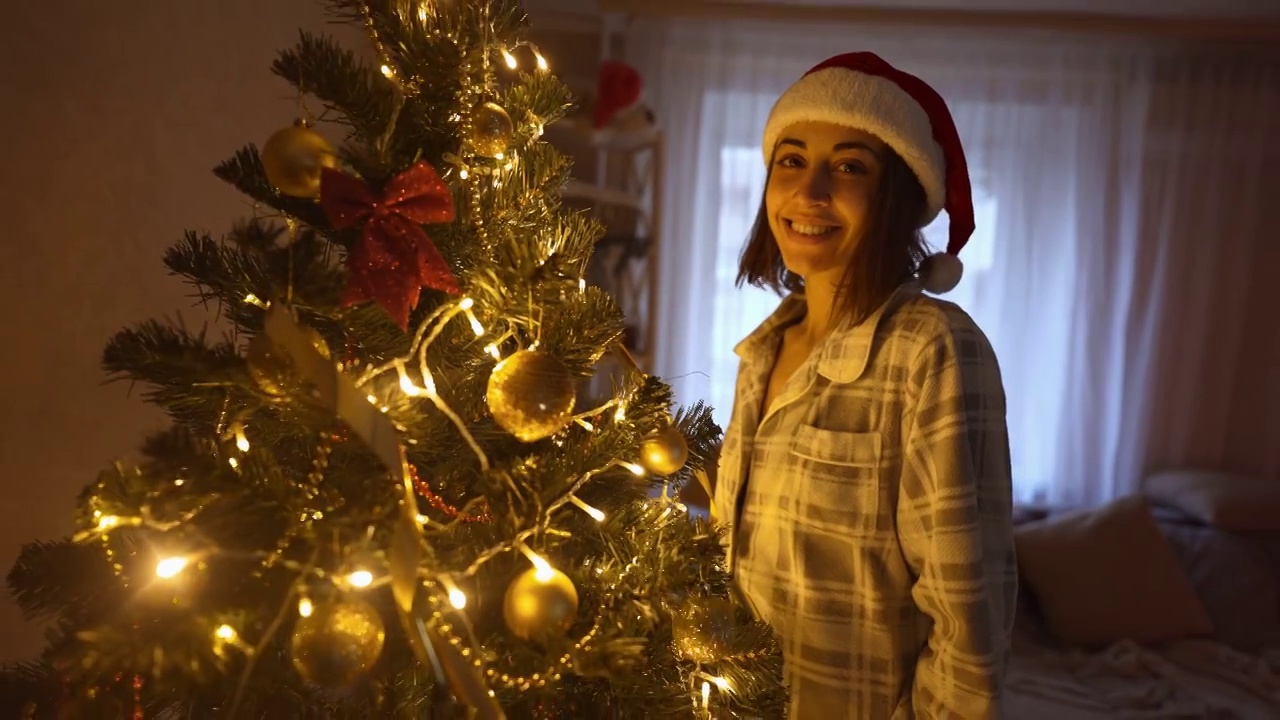 一个戴着圣诞帽的快乐女人的慢动作肖像，把金球挂在圣诞树的树枝上。装饰房子，准备在家里庆祝圣诞节和新年视频素材