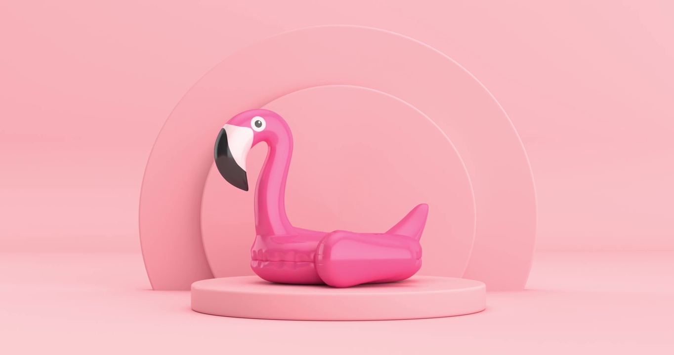 4k分辨率的视频:夏季游泳池充气橡胶粉红色火烈鸟玩具旋转在粉红色圆柱体产品舞台底座上的粉红色背景视频下载