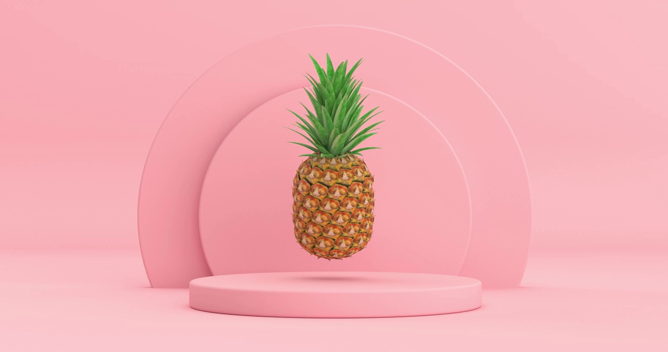 4k分辨率的视频:新鲜成熟的热带健康营养菠萝水果旋转在粉红色圆柱体产品舞台底座上的粉红色背景循环动画视频下载