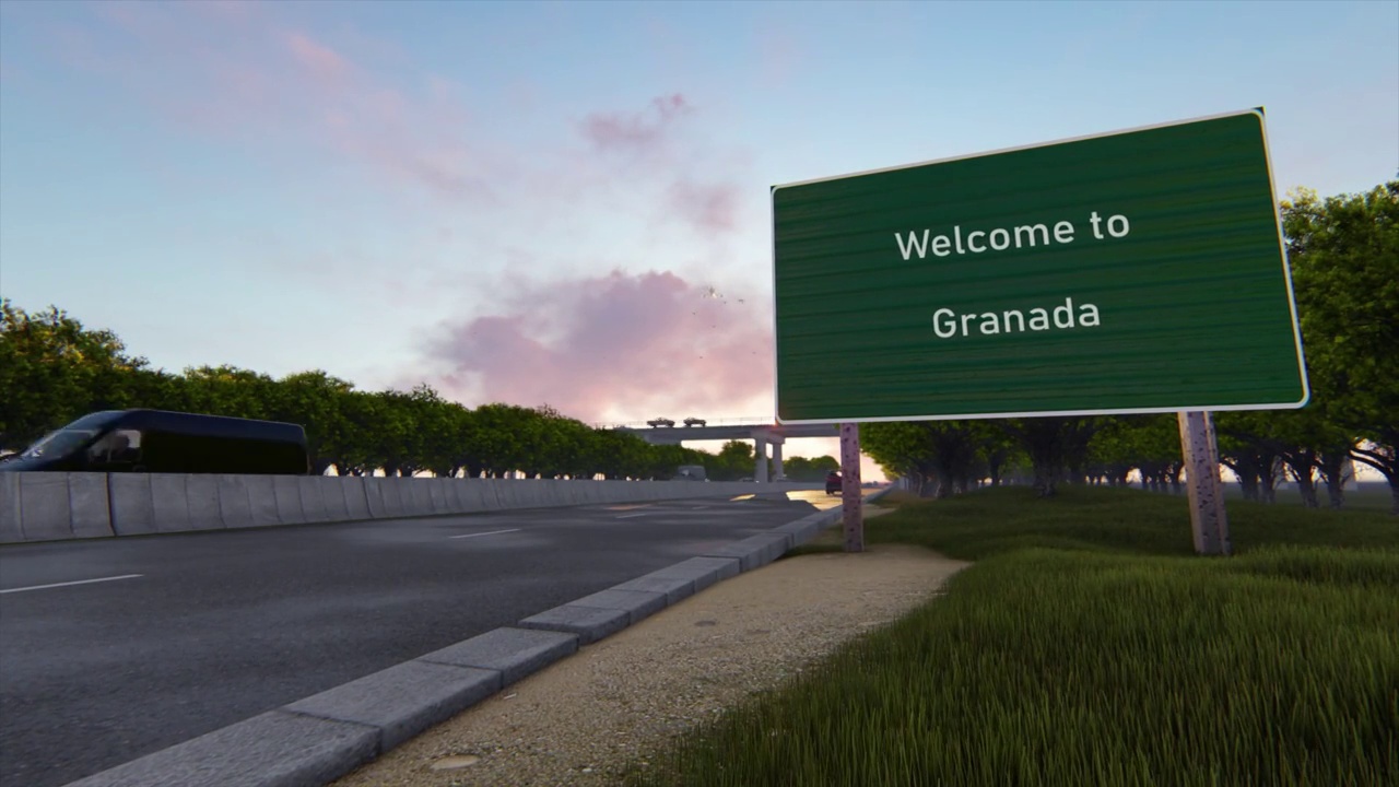 欢迎来到格拉纳达，欢迎来到格拉纳达高速公路上的路标。高速公路场景动画视频素材