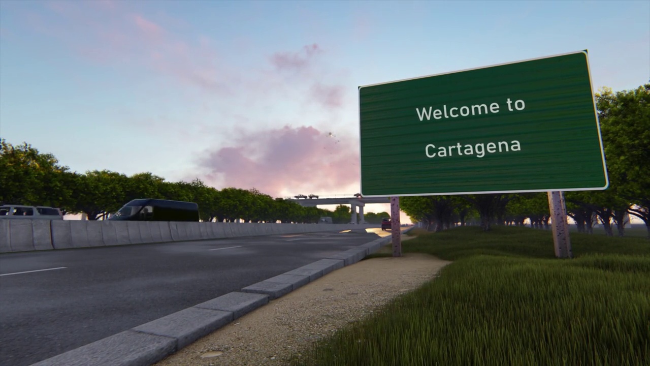 欢迎来到卡塔赫纳，欢迎来到卡塔赫纳高速公路上的路标。高速公路场景动画视频素材