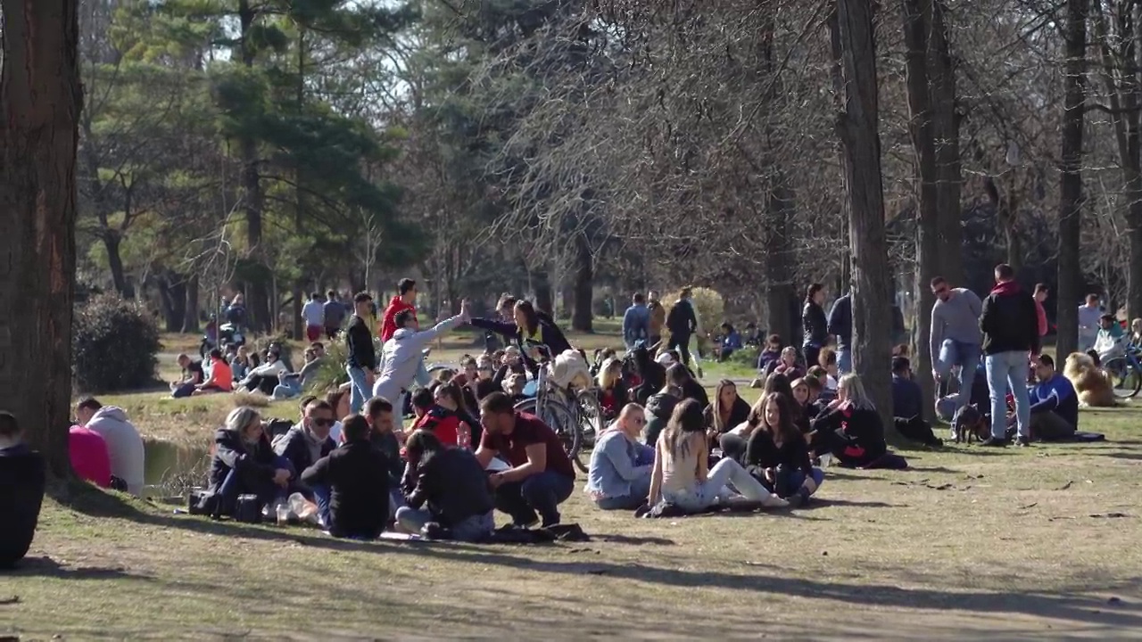 大自然中的大量人群。男人、女人和孩子们坐在草地上享受这个季节的第一次日光浴视频素材