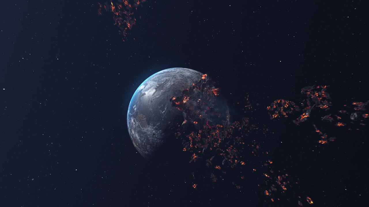 小行星、流星、岩石带着燃烧的碎片冲向地球视频素材