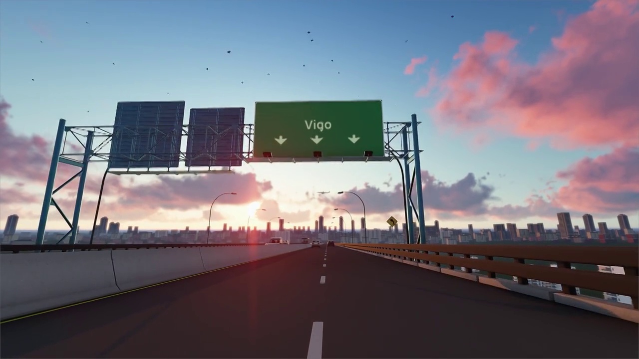 开车去维戈，生动的高速公路场景。维公路标志视频下载
