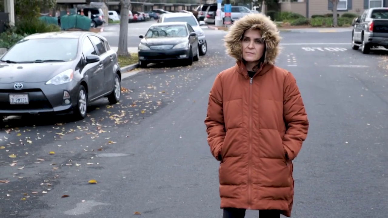 成熟的女人穿着冬天的皮大衣走在街上视频素材