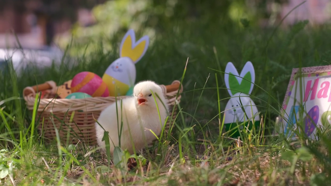 可爱的小鸡站在复活节彩蛋的户外视频素材