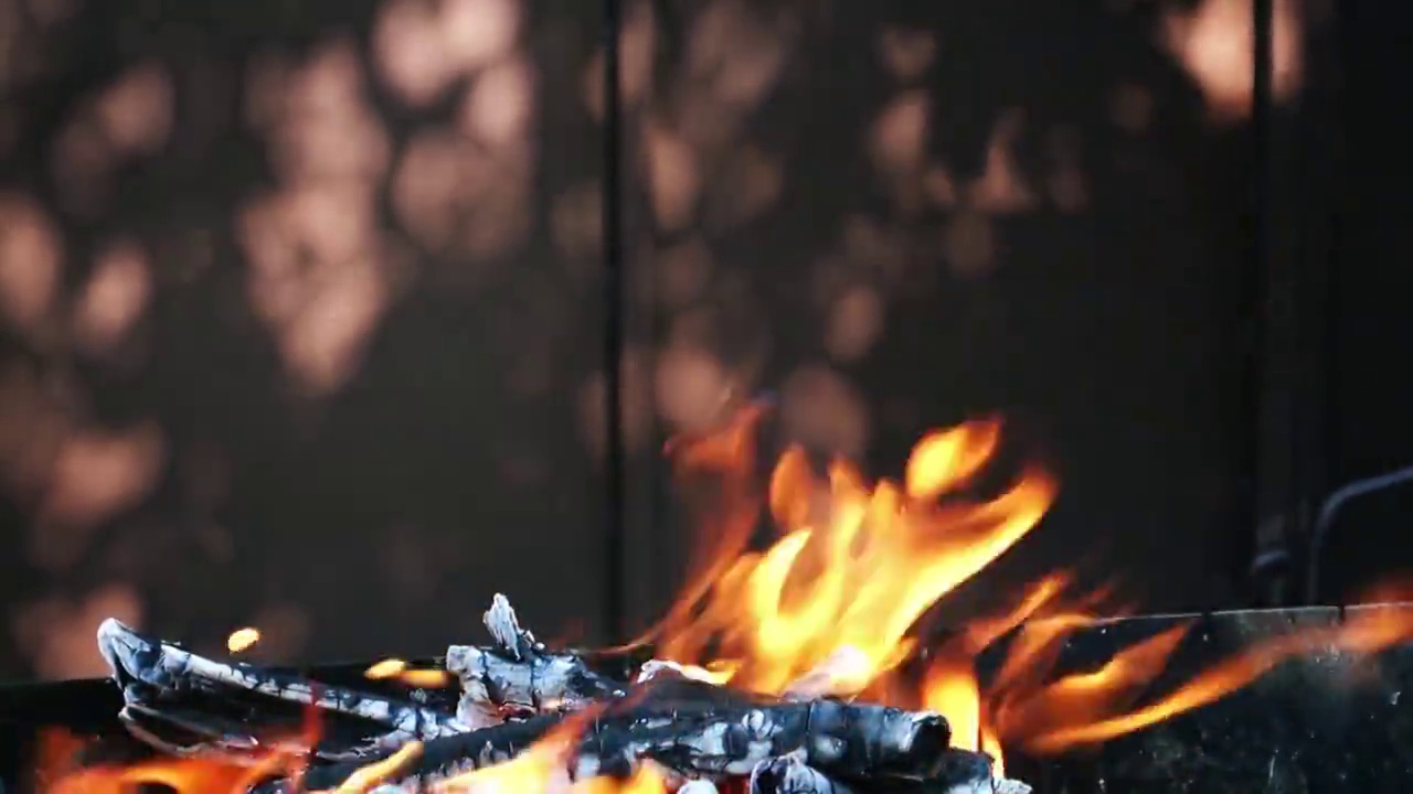 火在烤架上燃烧着。视频下载