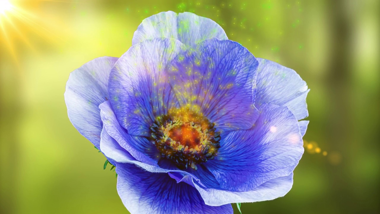 美丽的蓝色海葵在森林和阳光的映衬下盛开。彩色的粒子从银莲花的中心飞出来。2022年趋势的颜色。很仙女。婚礼背景，情人节的概念。生日群。视频素材