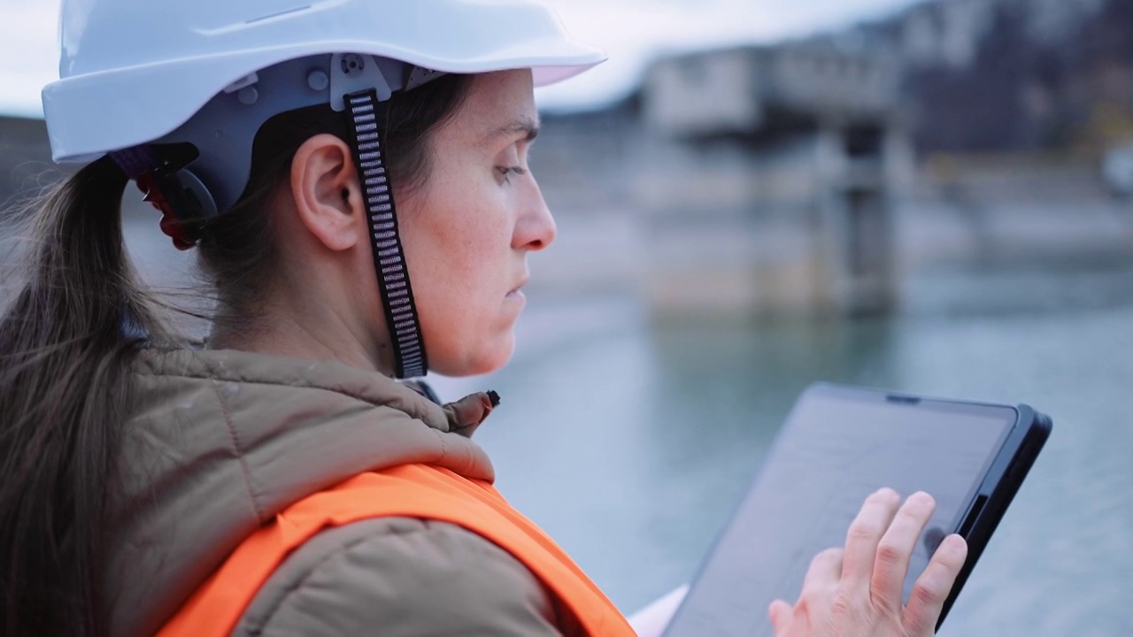 在水电站大坝工作的女工程师。以生态为导向。可再生能源系统。视频下载