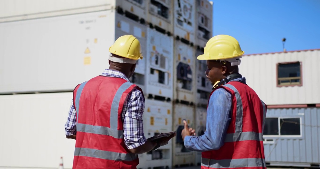 非洲黑人工程师在集装箱堆场的货运货物上拿着数码平板电脑视频素材