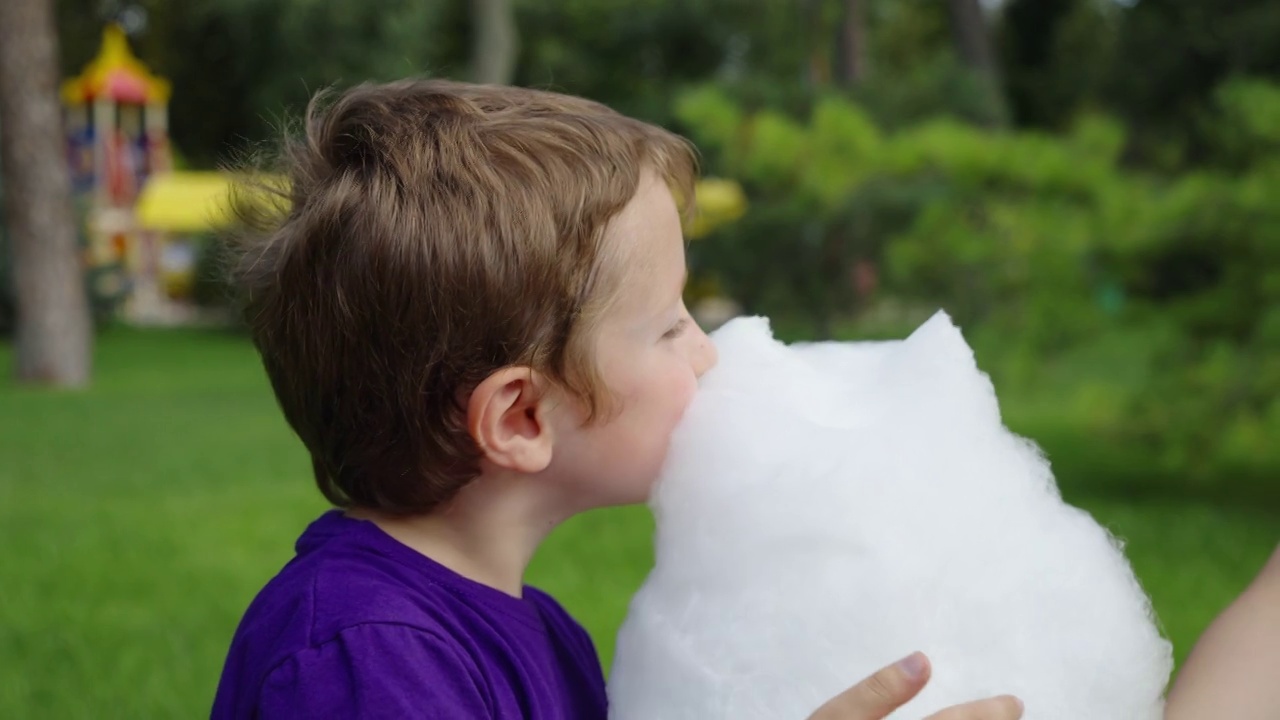 男孩在公园里吃着松软的棉花糖视频下载