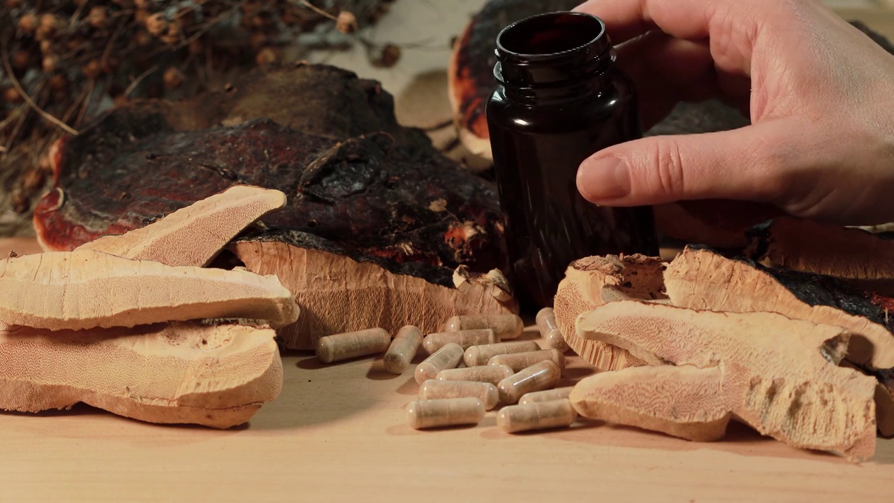 灵芝胶囊散落在一个黑色的瓶子与切片新鲜灵芝蘑菇视频下载