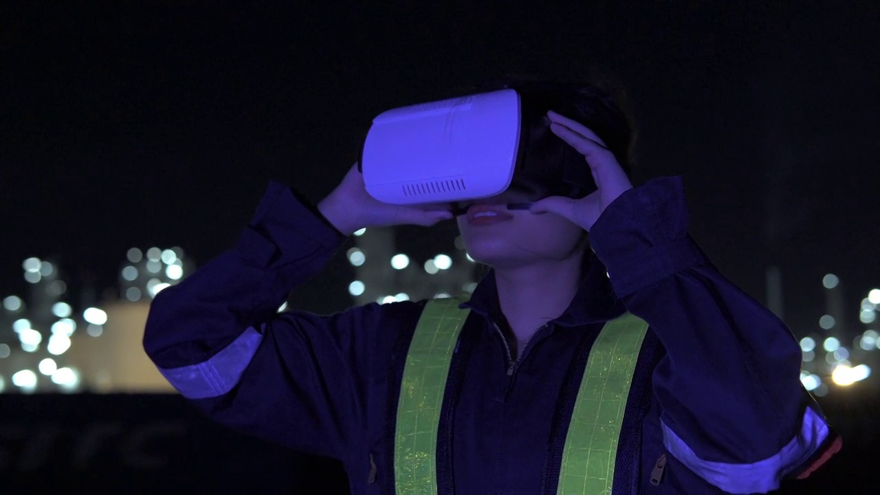 亚洲女工程师戴着虚拟现实耳机的石油和天然气或其他工业场所。视频素材
