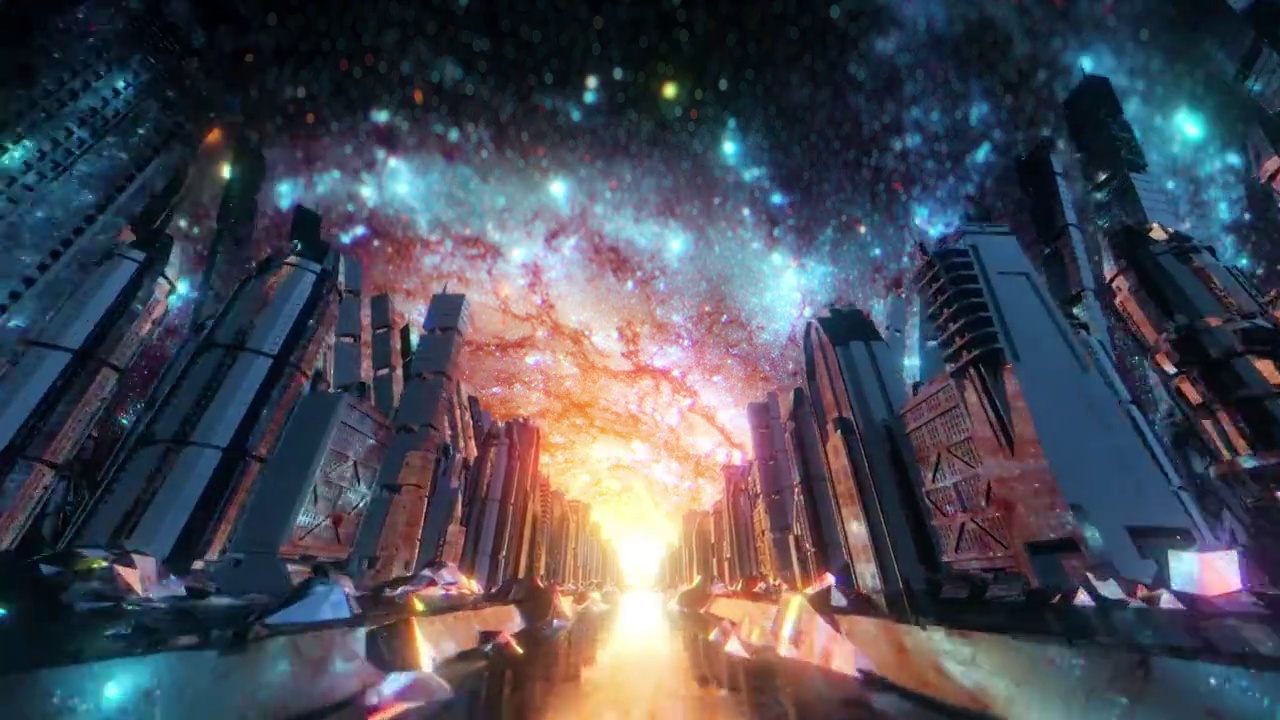 在太空的未来城市中飞行，对抗明亮的星系视频下载