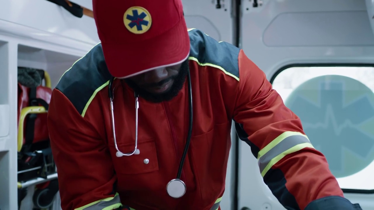黑人护理人员在救护车里使用除颤器视频下载