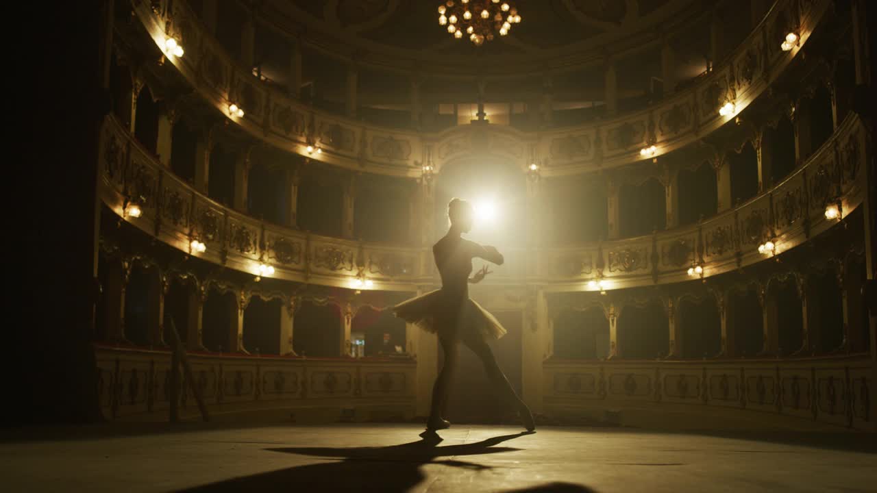 电影镜头的一个年轻的优雅的古典芭蕾舞女舞者在白色芭蕾舞裙是表演在经典剧院的舞台上戏剧性的灯光开始前的舞蹈。视频下载