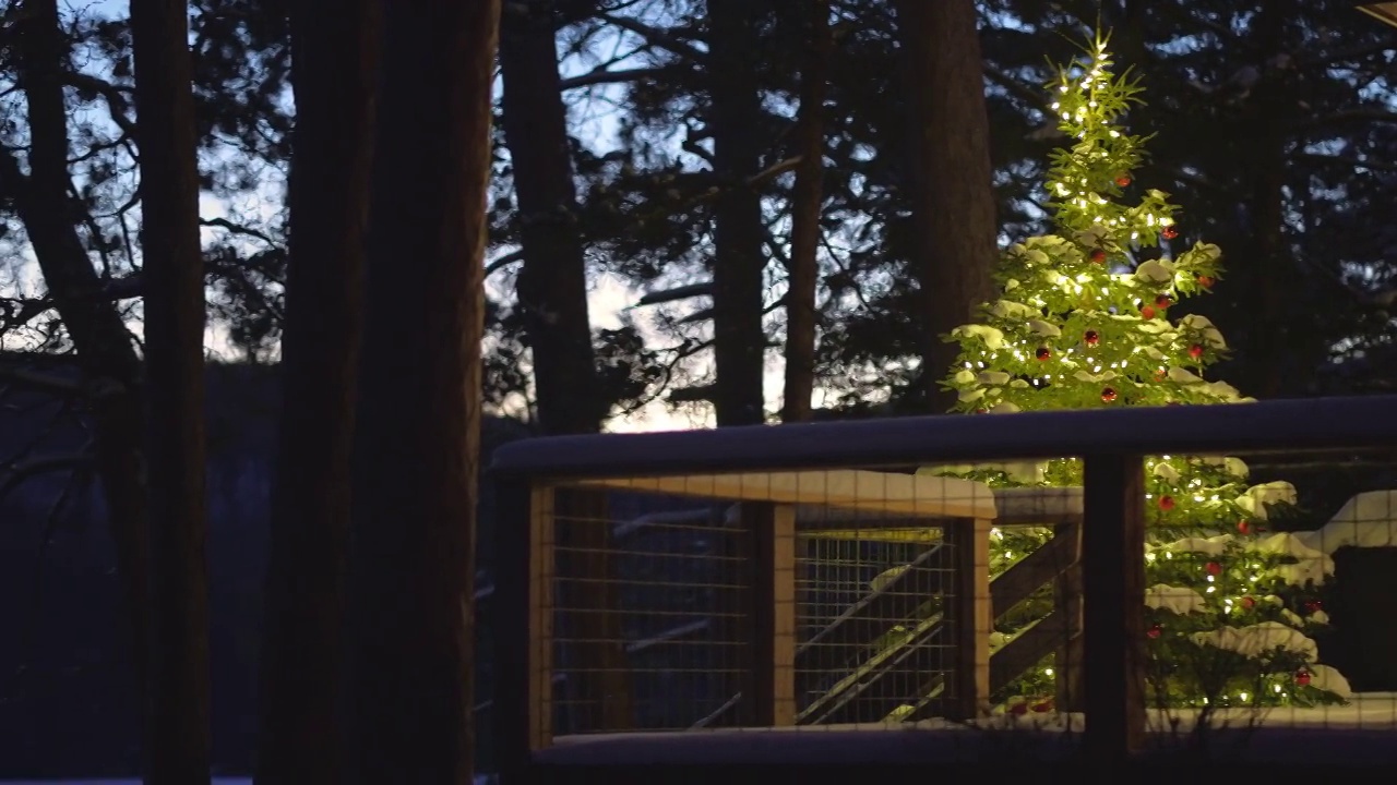 日落时分，乡村住宅的甲板上的圣诞树视频素材