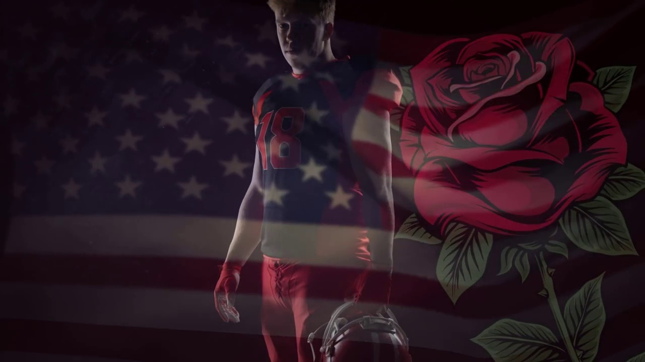 动画的白人美国足球运动员在美国国旗和玫瑰视频下载