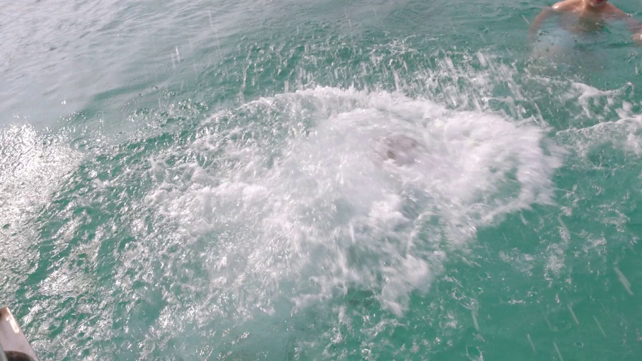 母亲在度假时从船上跳进水里浮潜的中宽镜头视频下载