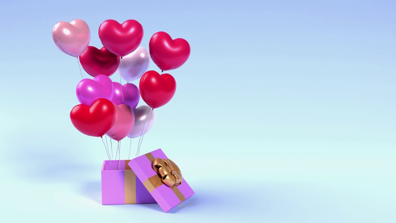 情人节彩色心形气球是在4K分辨率蓝色背景下的礼品盒视频素材