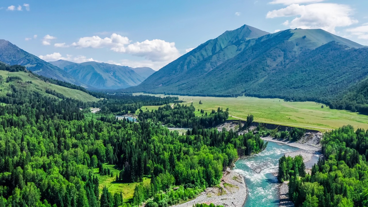 航拍新疆河流、绿色森林和山地景观视频素材