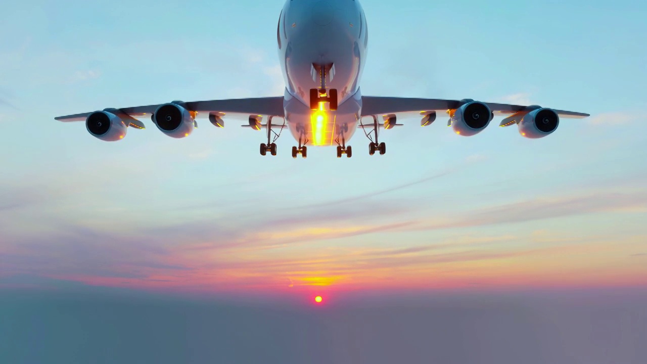 一架商用飞机在夕阳的背景下降落视频下载