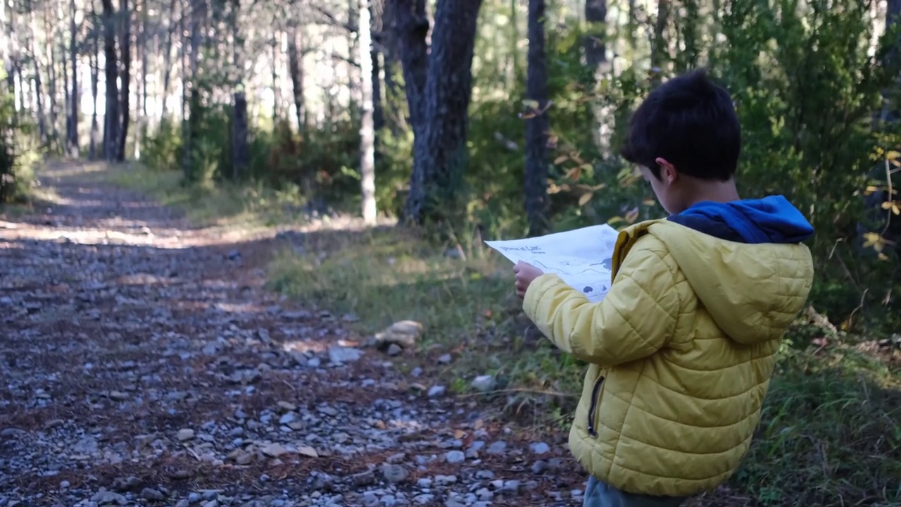 男孩用地图隐喻探索自然环境森林符号概念学习成长探索引导生活视频素材