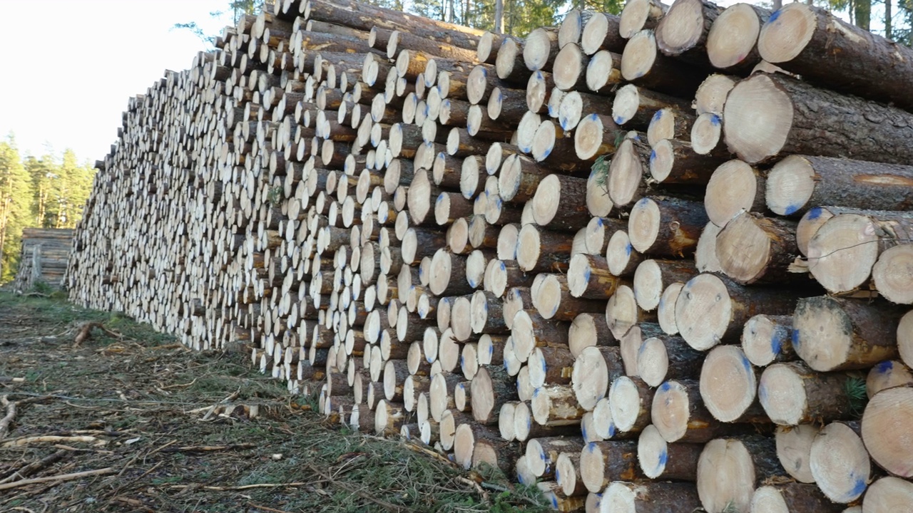 在爱沙尼亚的林地上堆一堆原木视频下载