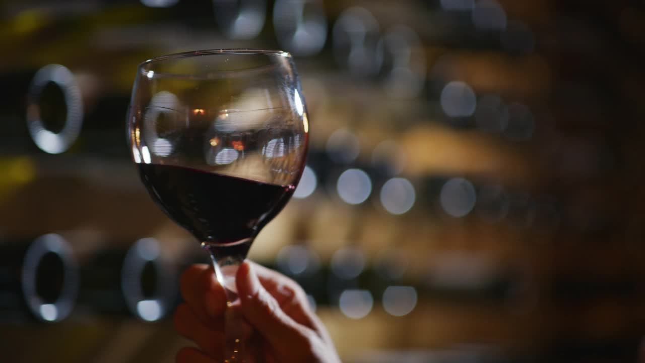 近景酿酒师或侍酒师正在检查盛在酒窖透明玻璃中的红酒的质量。视频下载