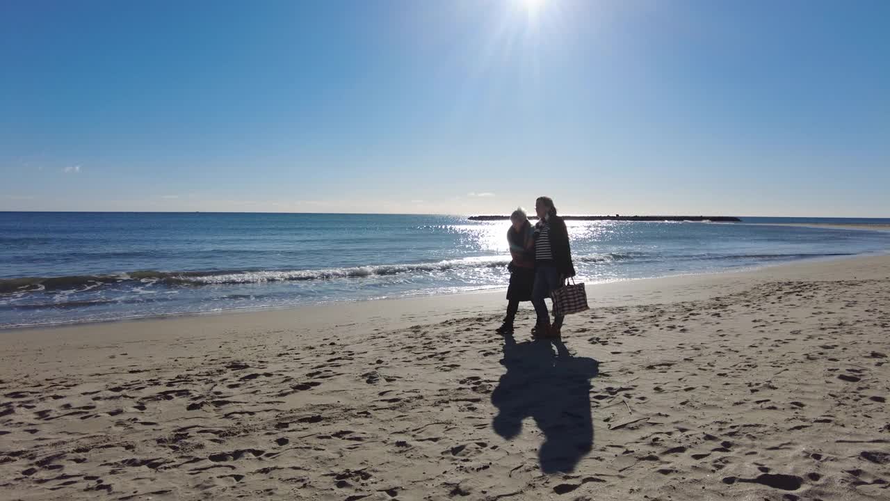 冬天的一天，两个人在海滩上散步视频下载