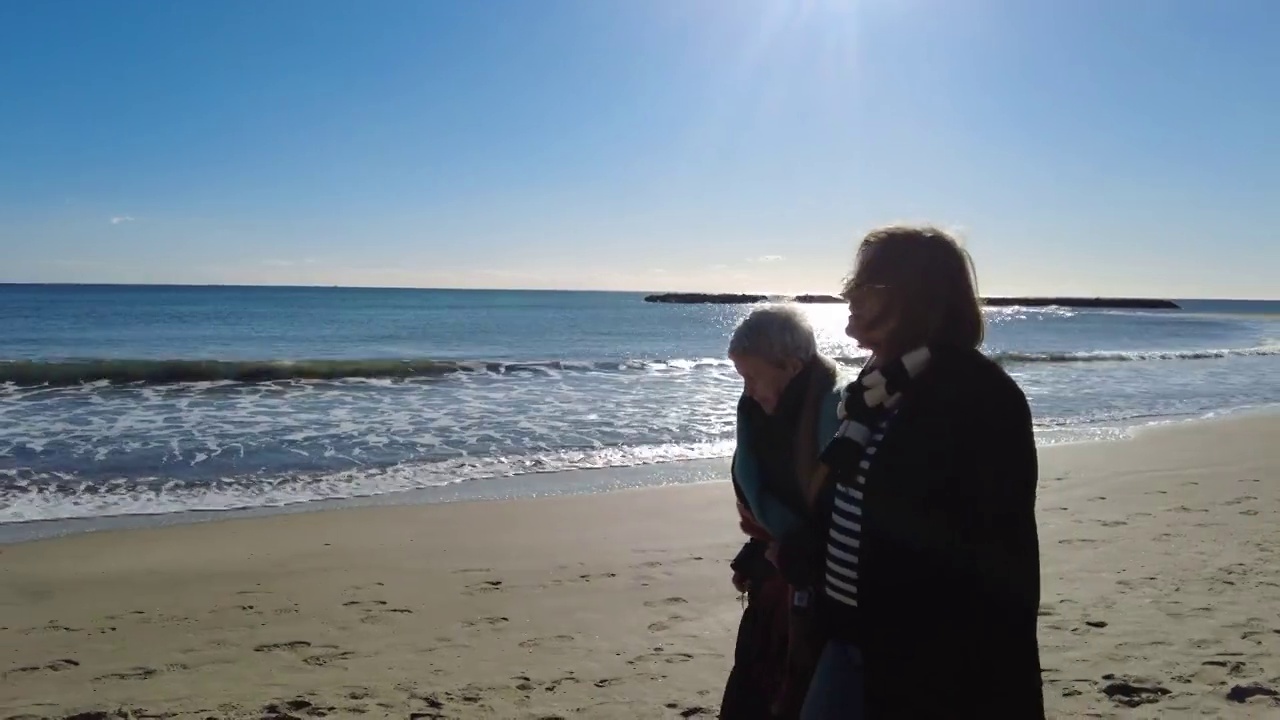 冬天的一天，两个人在海滩上散步视频下载