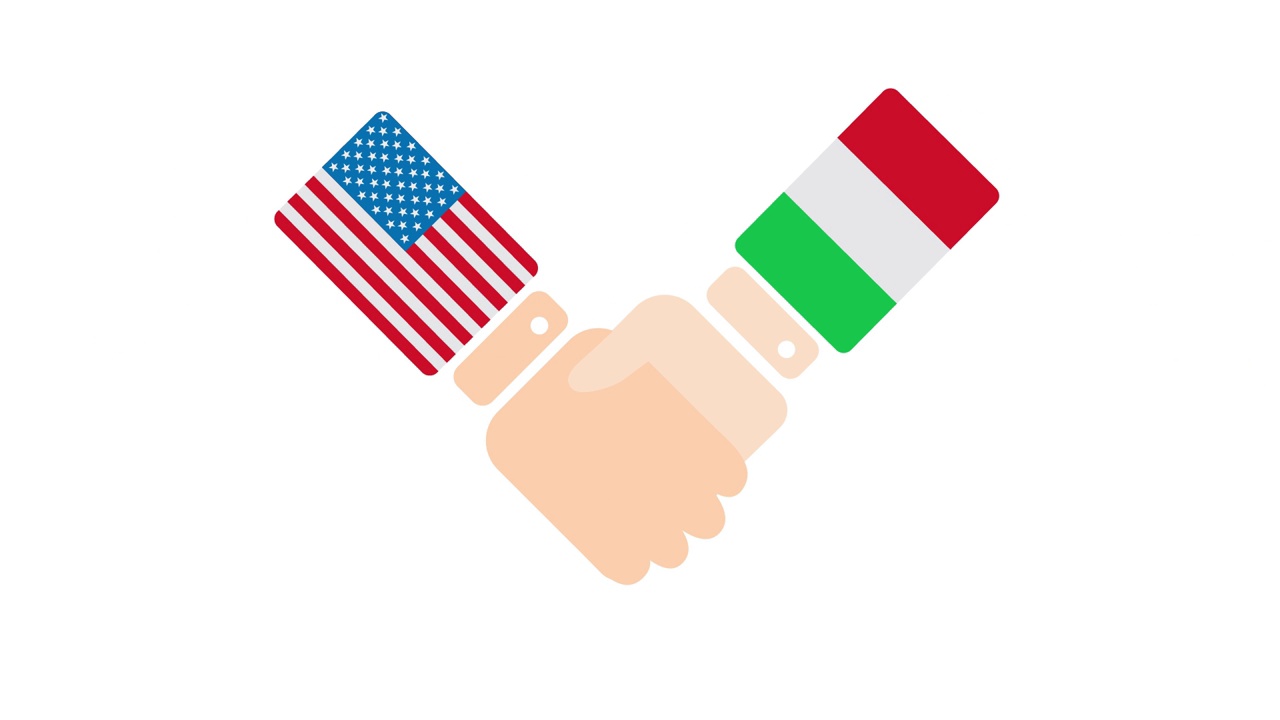美国(美国)和意大利握手，政客会面或合作的概念相关的2D卡通动画，孤立在白色背景上视频下载