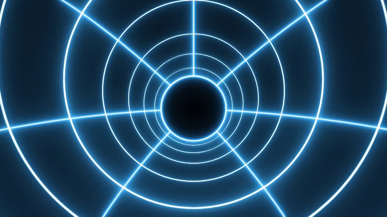 摘要霓虹圆线缩放虫洞VJ环背景环动画。渲染霓虹灯抽象未来高科技运动背景。视频素材