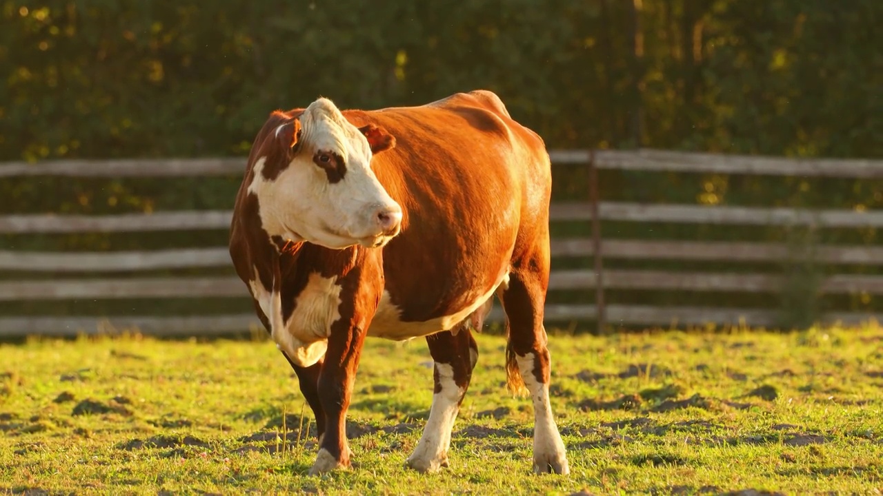一头棕色的奶牛在夕阳下的牧场上。视频素材