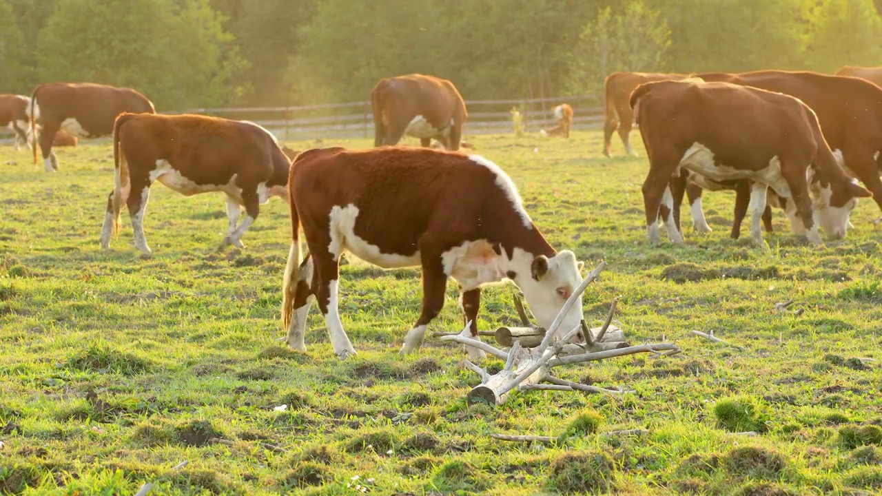 牛在草地上吃草。视频素材