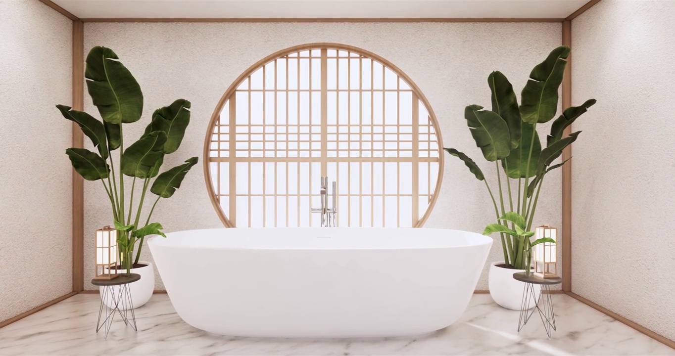 浴室在空的房间内部日式风格。三维渲染视频下载