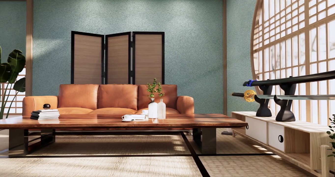 卧室薄荷色，日式极简主义风格。三维渲染视频下载