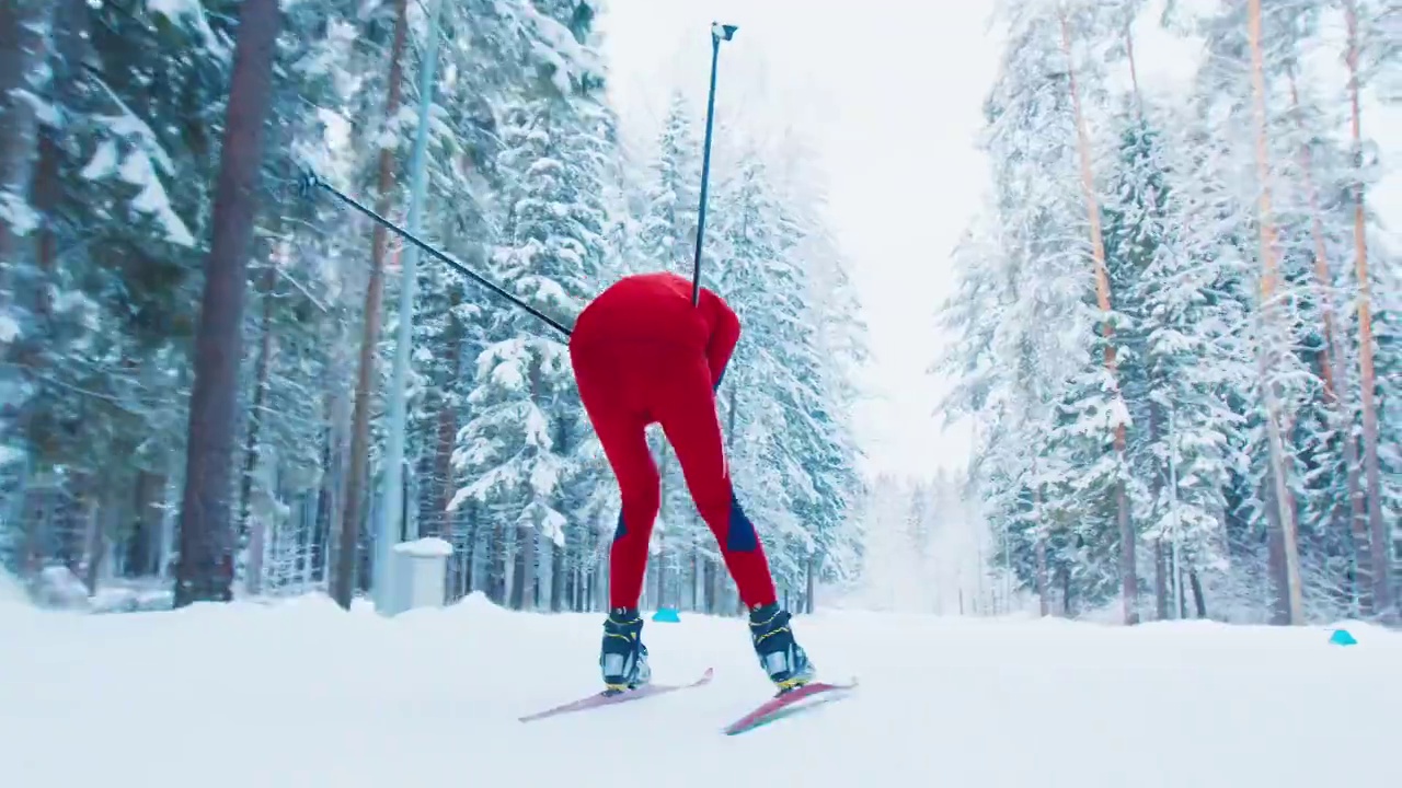 越野滑雪。穿着红色滑雪服的年轻男子在冬季森林滑雪视频下载