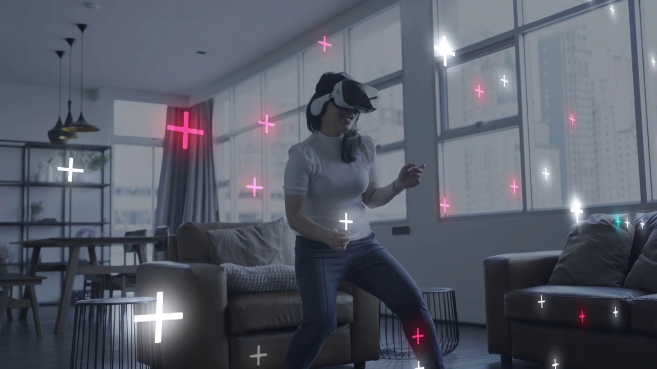 女人玩VR虚拟现实运动游戏元世界数字世界技术AR增强现实未来趣味派对活动视频素材