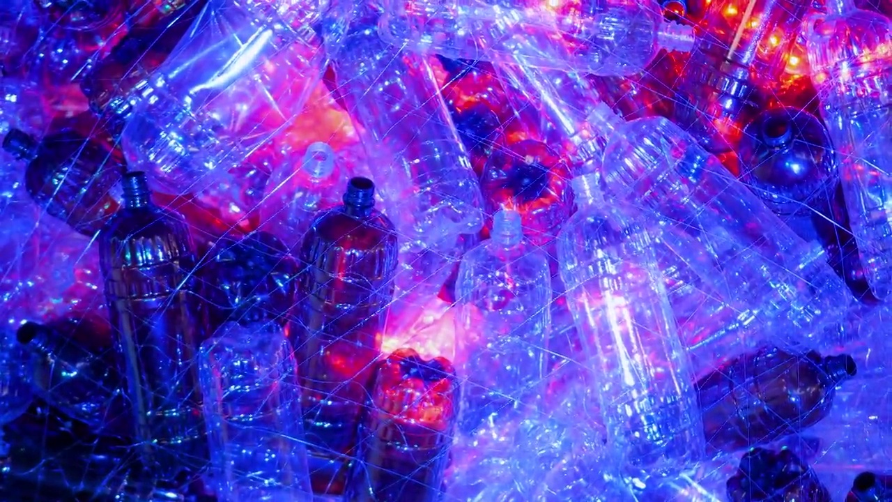 生态理念-塑料瓶安装，蓝色和红色照明视频素材