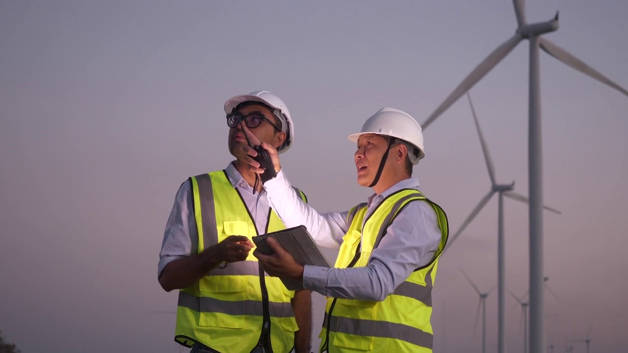产生清洁能源概念的风力涡轮机。工程师们戴着头盔，穿着反光背心。Angineer使用的是带有风车背景的平板电脑。视频素材