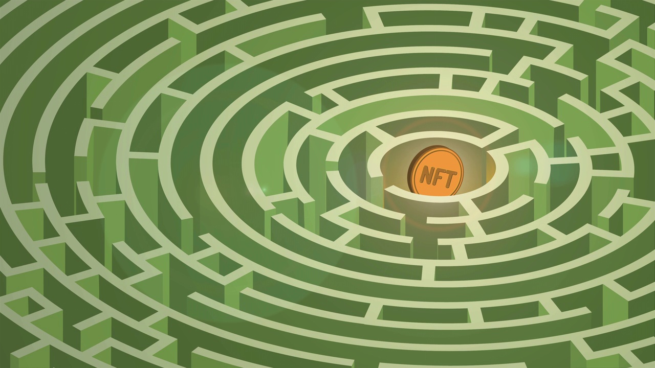 NFT硬币隐藏在三维圆圈迷宫动画视频素材