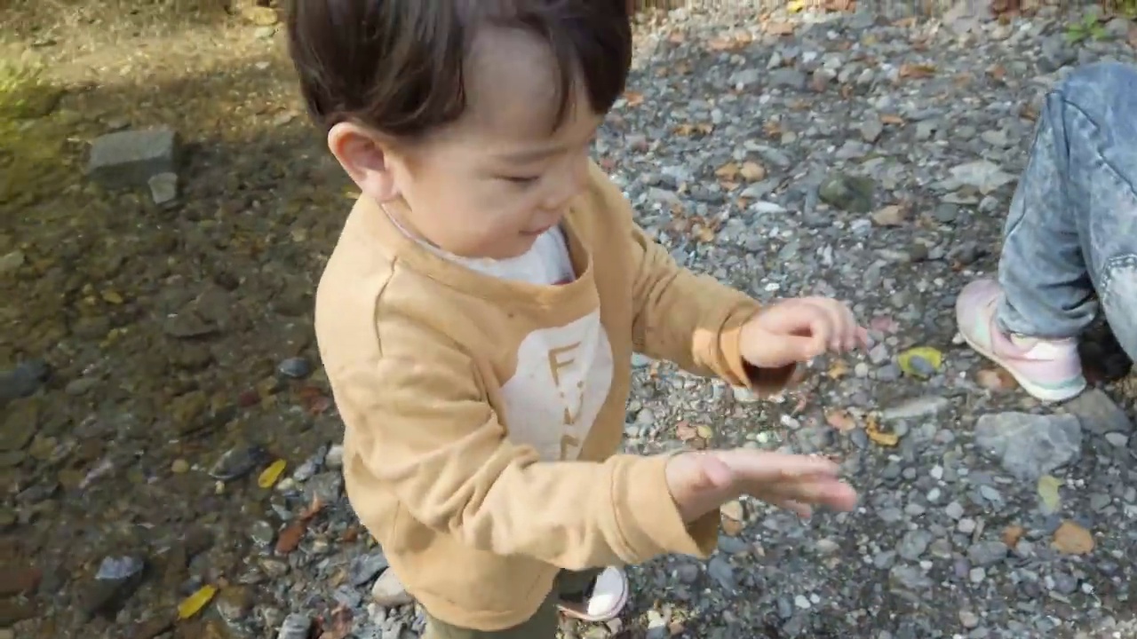 一个小男孩在河边玩耍视频下载