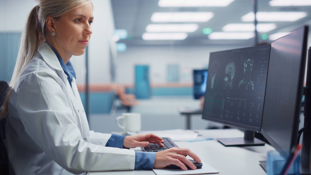 医学医院研究实验室:女性神经外科医生使用电脑扫描MRI图像，为病人寻找最佳治疗方法。卫生保健神经学家分析CT扫描。弧的肖像视频素材