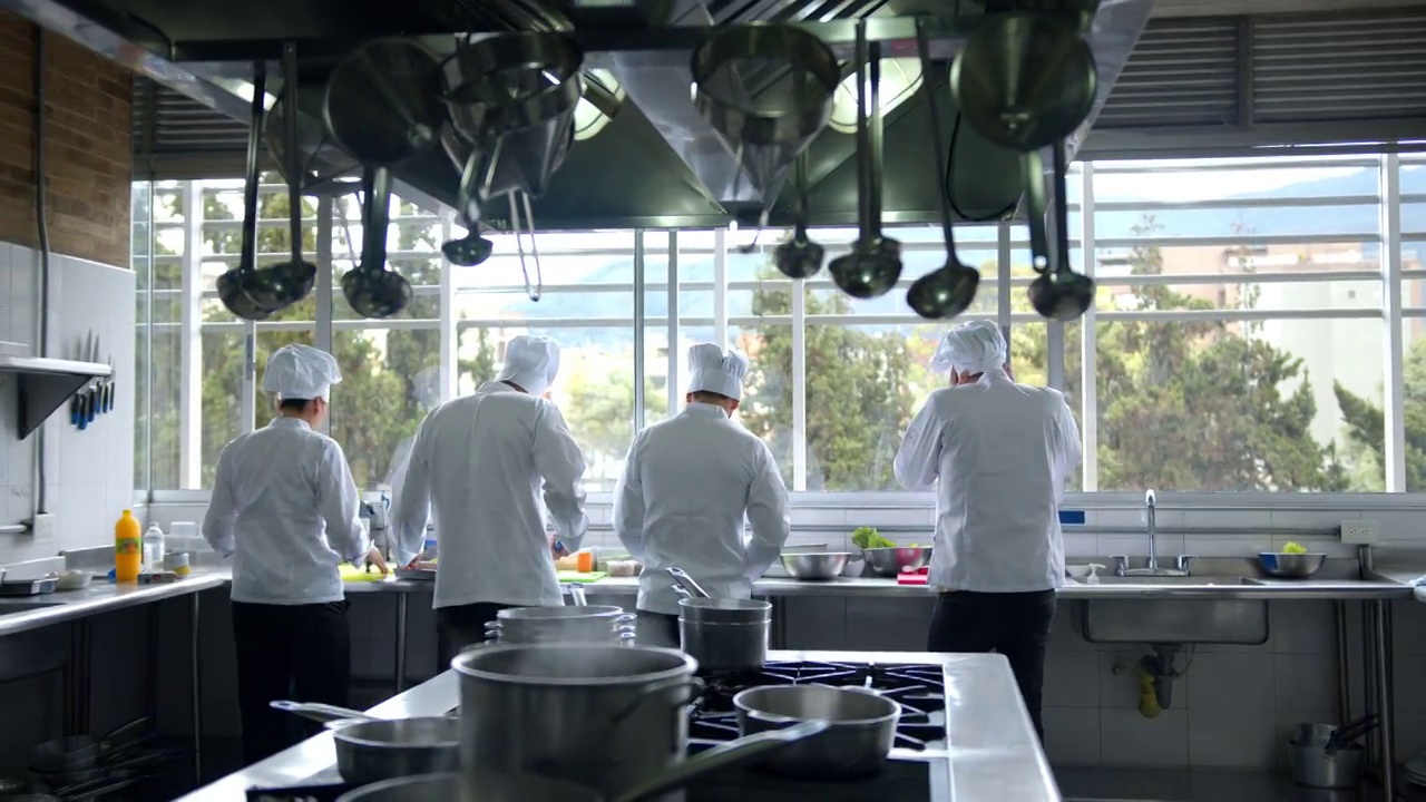 厨师在餐厅厨房准备食物的后视图视频素材