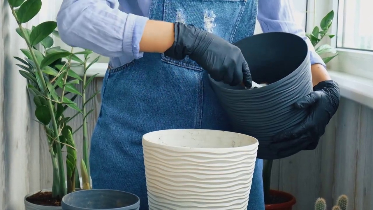 园艺女工用铲子在桌子上移植室内植物。女人的双手园丁用铁锹浇土。植物护理和家庭花园的概念。春耕视频素材