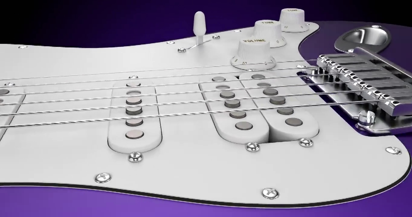 美丽闪亮的紫色电吉他慢慢飞。微距镜头。视频下载