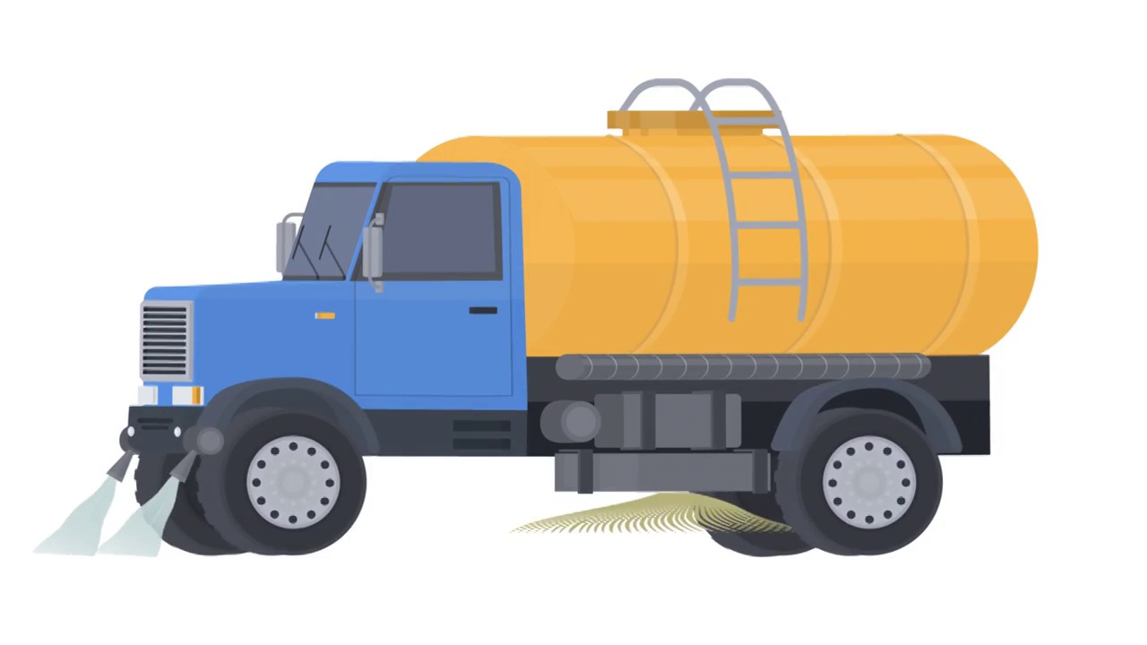 浇水卡车。市政卡车与坦克的动画。卡通视频素材