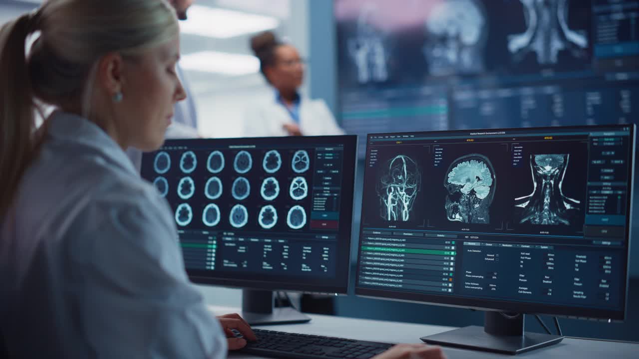 医院保健实验室:女医学家使用计算机与大脑扫描核磁共振成像图像，寻找治疗方法的肖像。专业神经学家分析CT扫描为病人寻找治疗方法视频素材